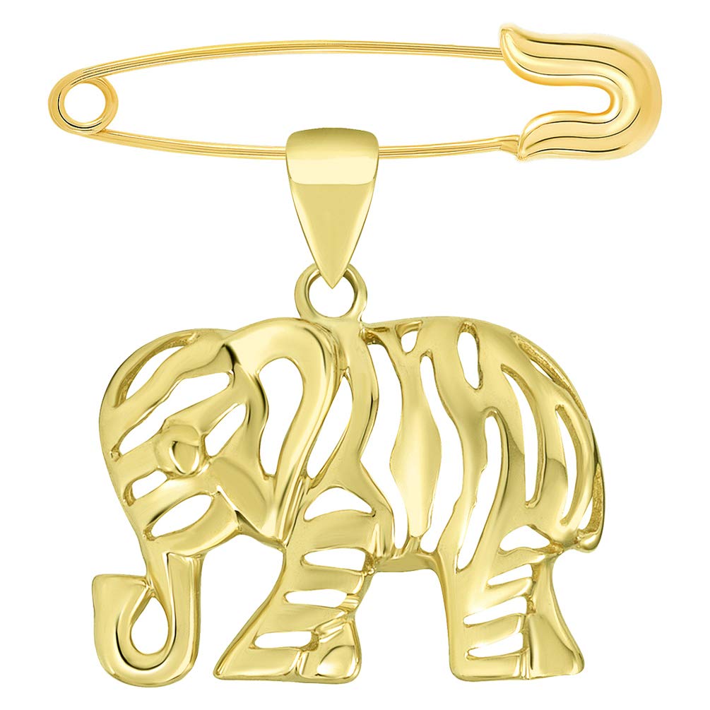 14k Yellow Gold Elegant Open-Style Elephant Charm Animal Pendant with Safety Pin Brooch