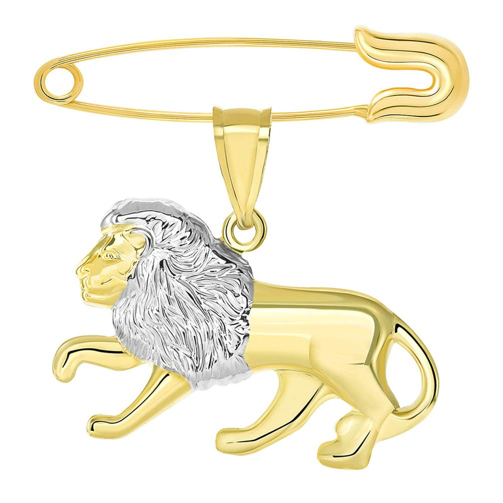 High Polish 14k Yellow Gold Lion Pendant Two Tone Leo Zodiac Sign Charm with Safety Pin Brooch