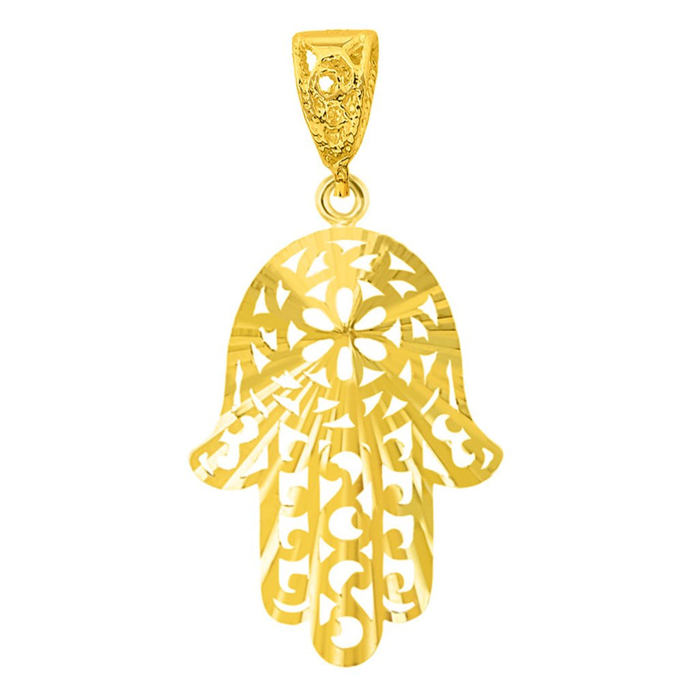 14k Solid Yellow Gold Textured Filigree Hamsa Hand of Fatima Pendant