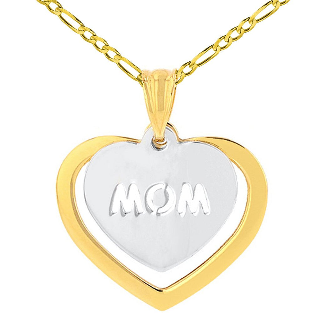 Solid 14K Gold Double Heart with Mom Pendant Necklace - Two-Tone Gold