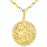 Load image into Gallery viewer, Solid 14k Yellow Gold Greek Arethusa Charm Calabria Taranto Pendant with Curb Chain Necklace
