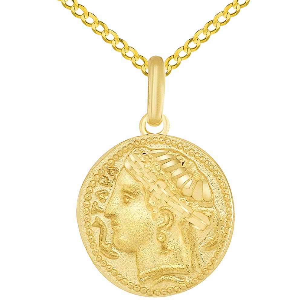 Solid 14k Yellow Gold Greek Arethusa Charm Calabria Taranto Pendant with Curb Chain Necklace