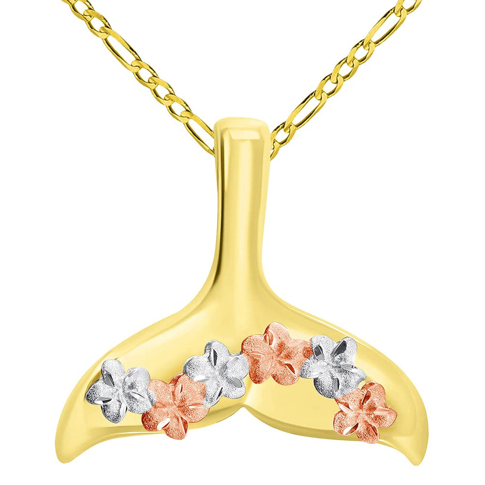 14k Yellow and Rose Gold Tri-Tone Dolphin Tail Fin Hawaiian Plumeria Flowers Pendant Figaro Chain Necklace