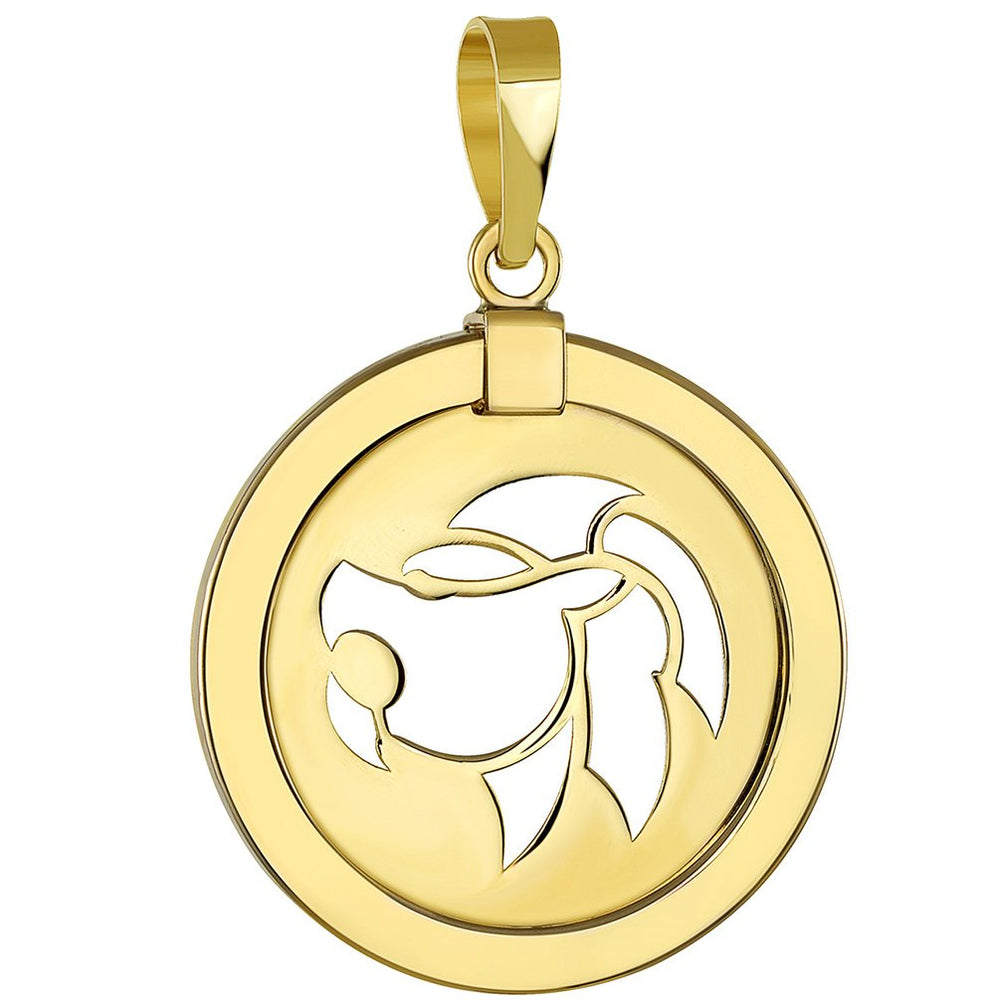 14K Gold Reversible Round Lion Leo Zodiac Sign Pendant - Yellow Gold