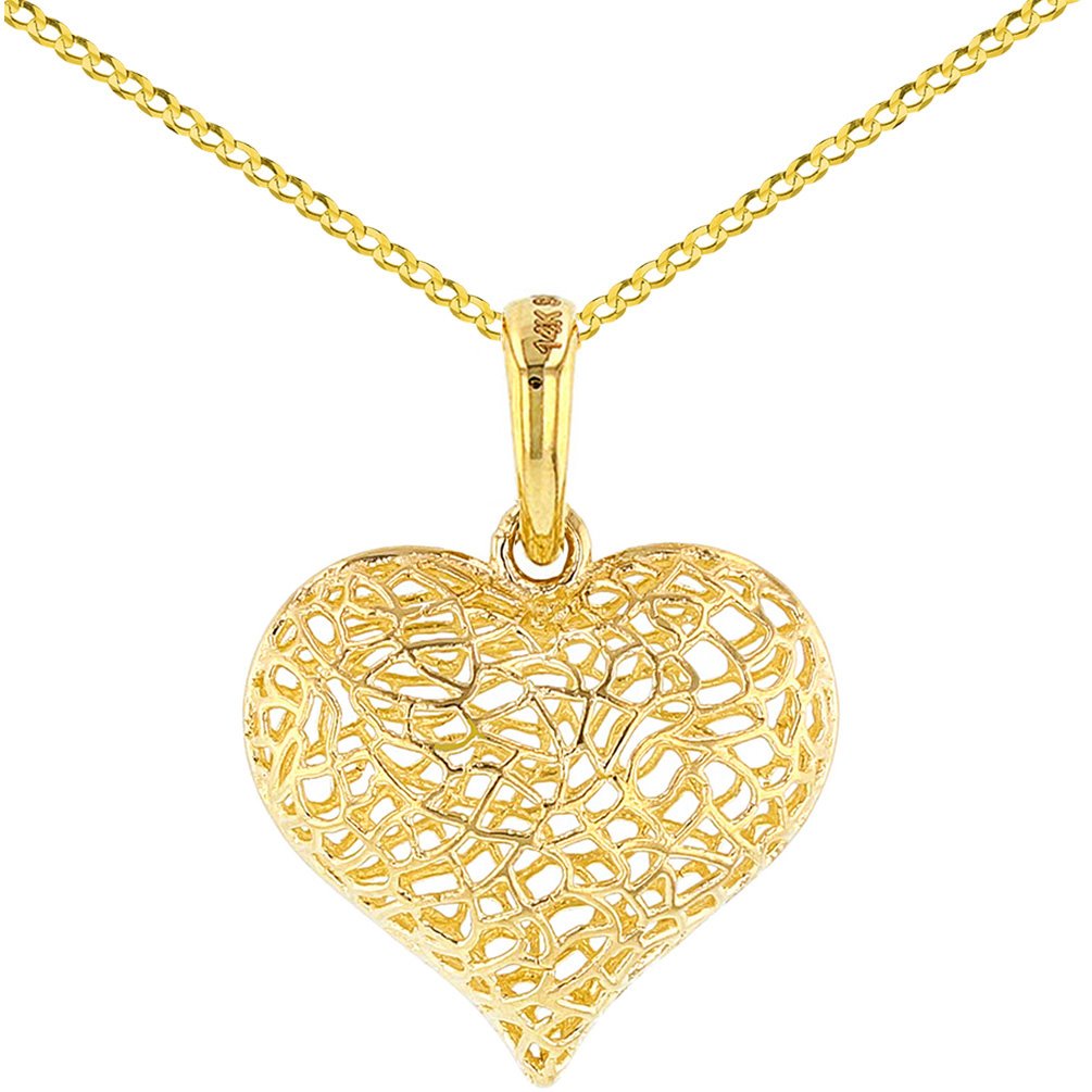 Textured 14K Yellow Gold Puffed Filigree Heart Charm Pendant Necklace