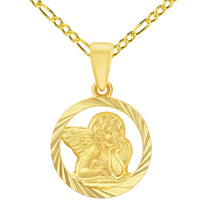 Load image into Gallery viewer, 14k Yellow Gold Textured Open Round Guardian Angel Pendant with Figaro Chain Necklace
