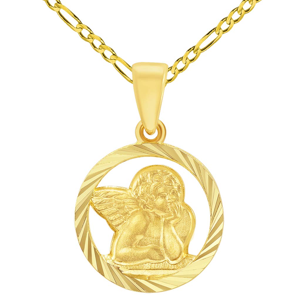 14k Yellow Gold Textured Open Round Guardian Angel Pendant with Figaro Chain Necklace
