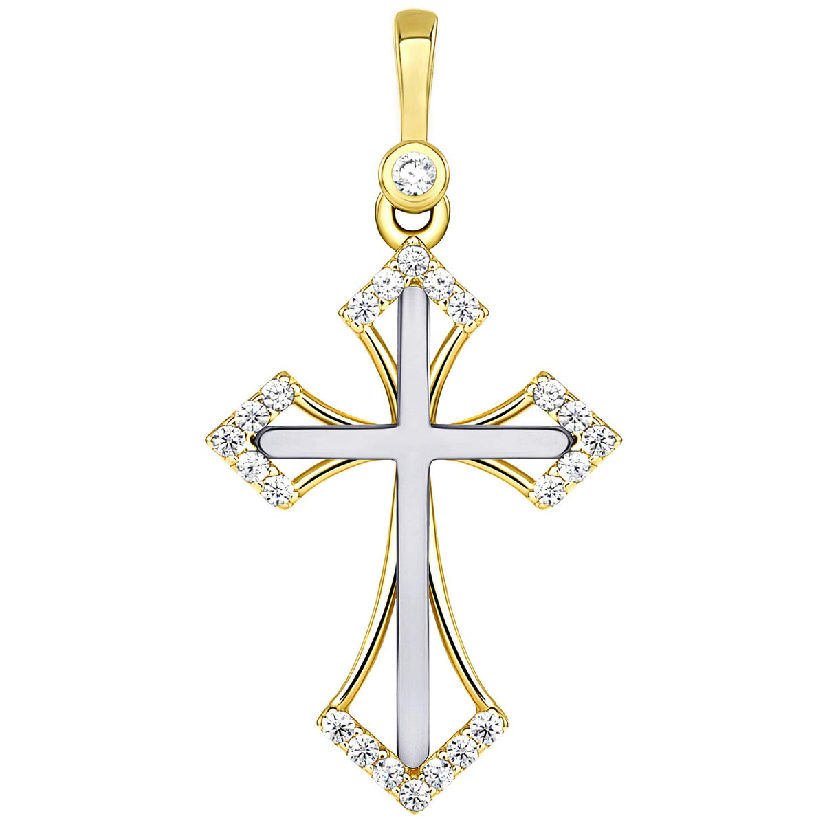 14k Two Tone Gold CZ Elegant Christian Pointed Cross Pendant