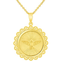 Load image into Gallery viewer, 14k Yellow Gold Holy Spirit Dove Religious Round Ornate Medal Pendant Necklace
