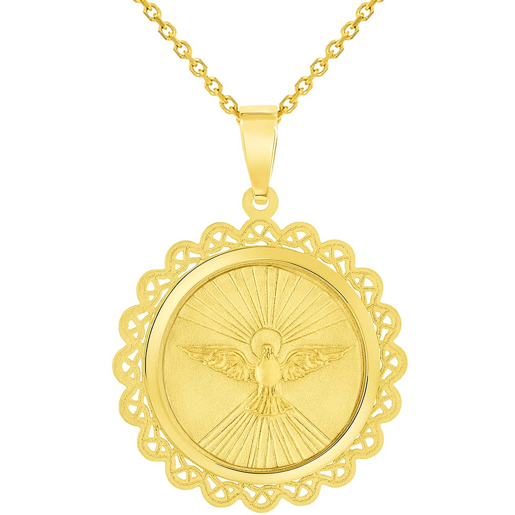 14k Yellow Gold Holy Spirit Dove Religious Round Ornate Medal Pendant Necklace