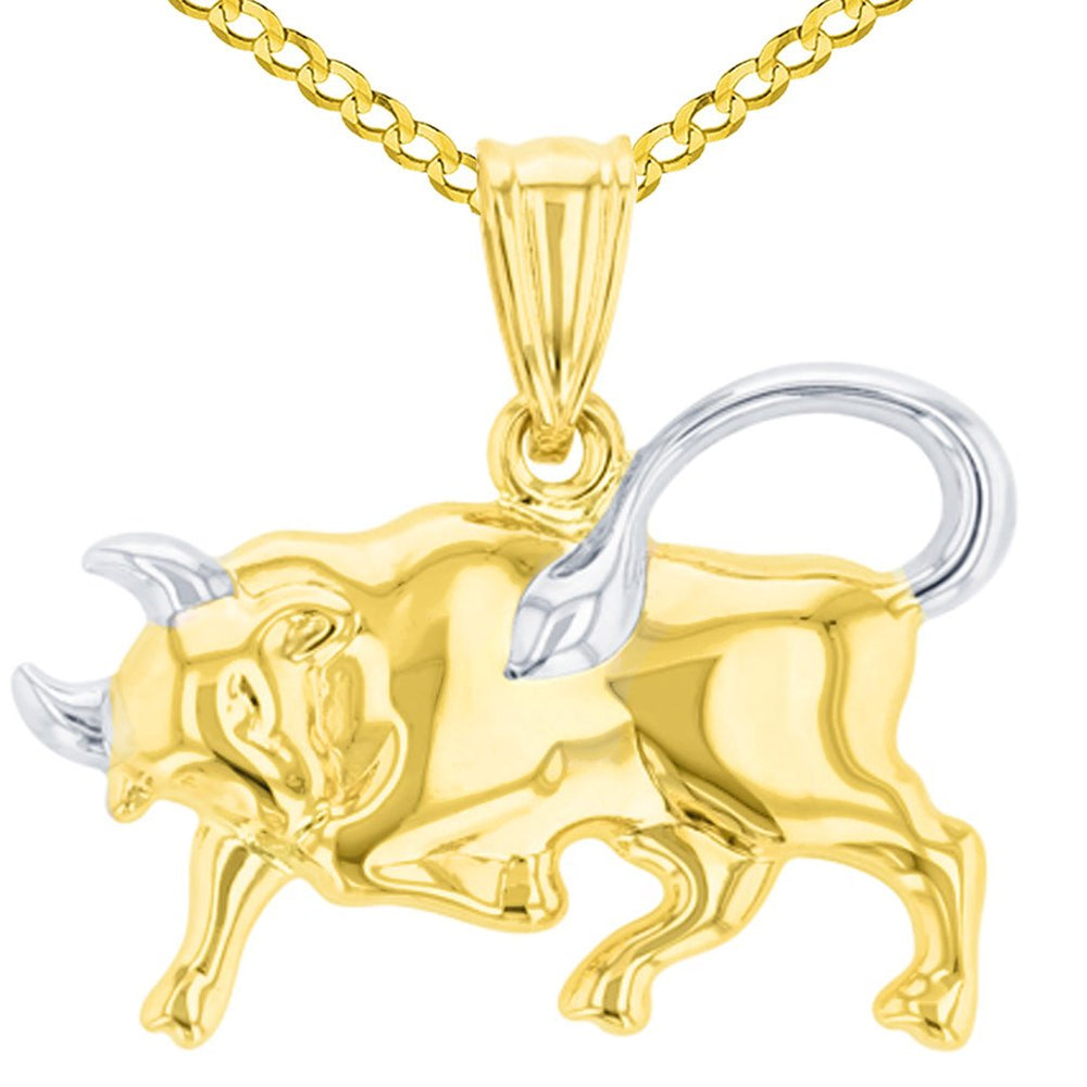 High Polish 14K Yellow Gold Bull Pendant Taurus Zodiac Sign Charm Cuban Curb Chain Necklace