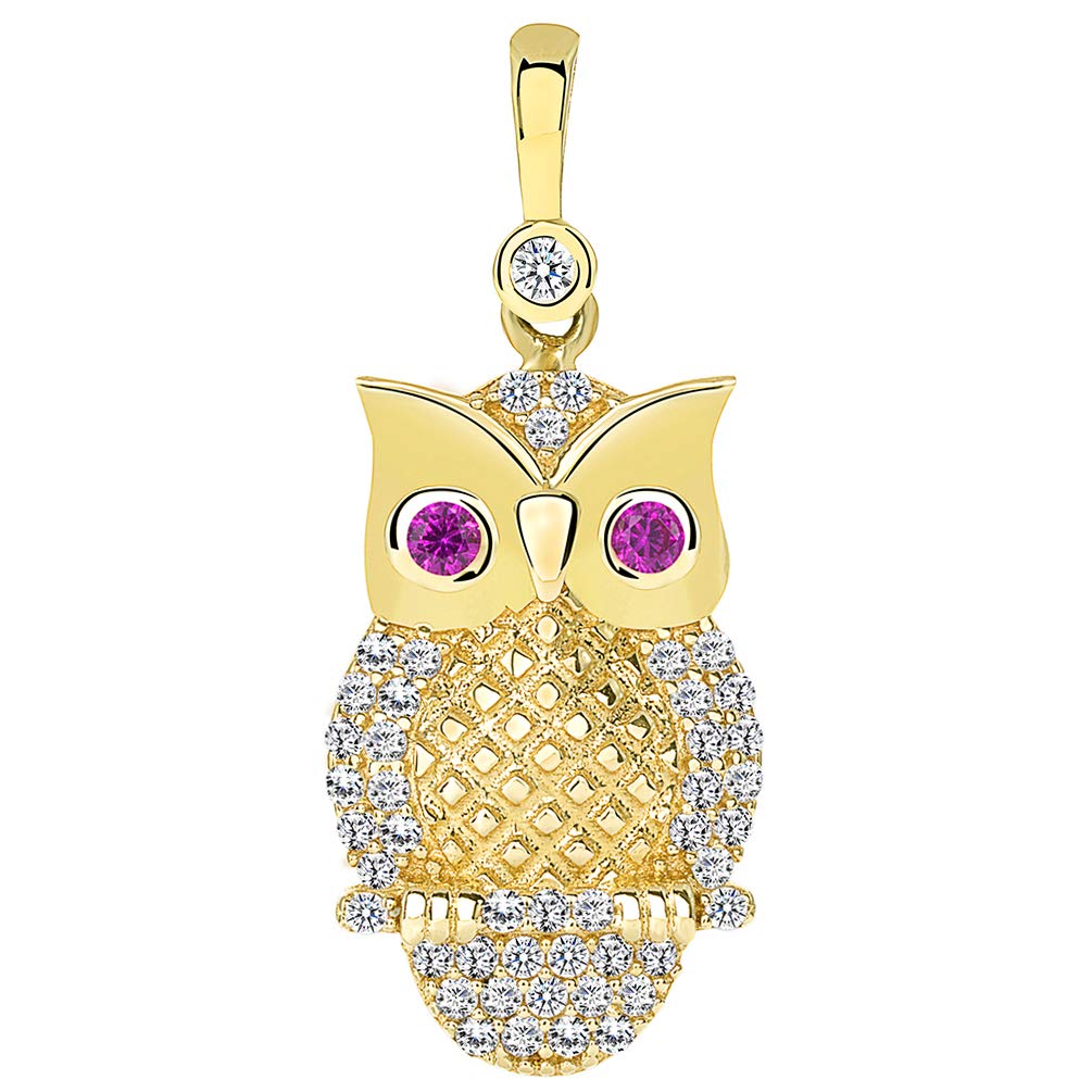14K Yellow Gold CZ Elegant Owl Animal Pendant