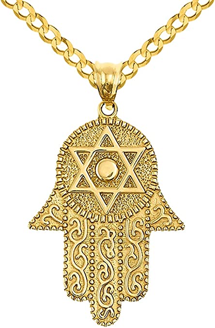 14k Solid Yellow Gold Hamsa Hand with Star of David Pendant Cuban Curb Chain Necklace