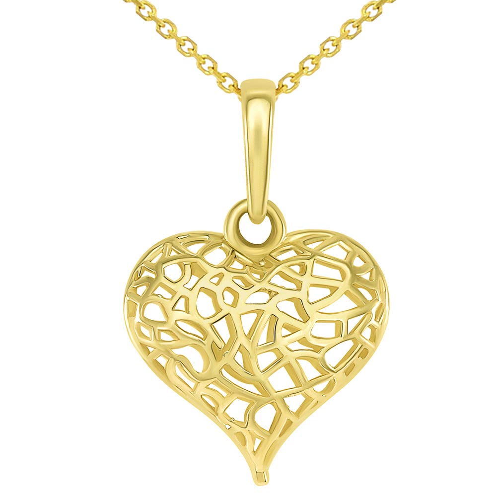 14k Yellow Gold 3-D Open Puffed Heart Charm Pendant Necklace