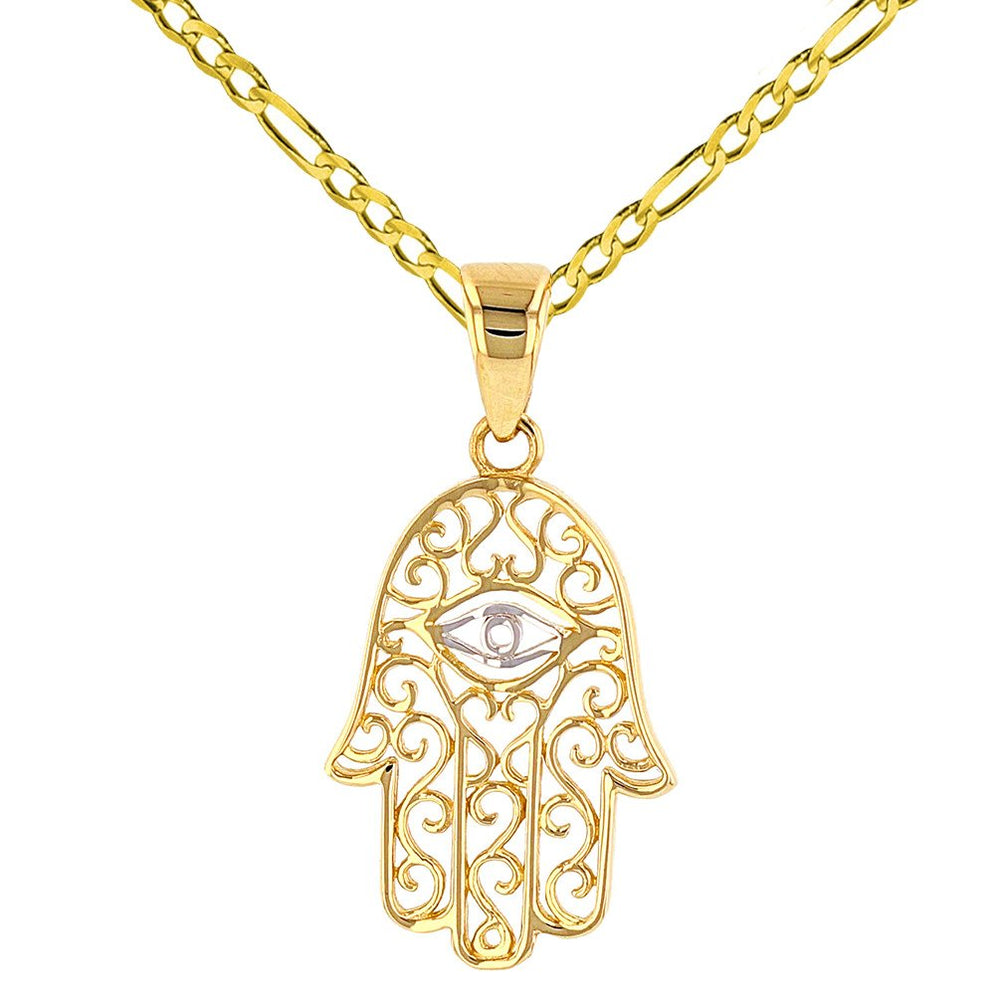 Solid 14K Gold Filigree Hamsa Hand of Fatima with Evil Eye Pendant Necklace - Yellow Gold
