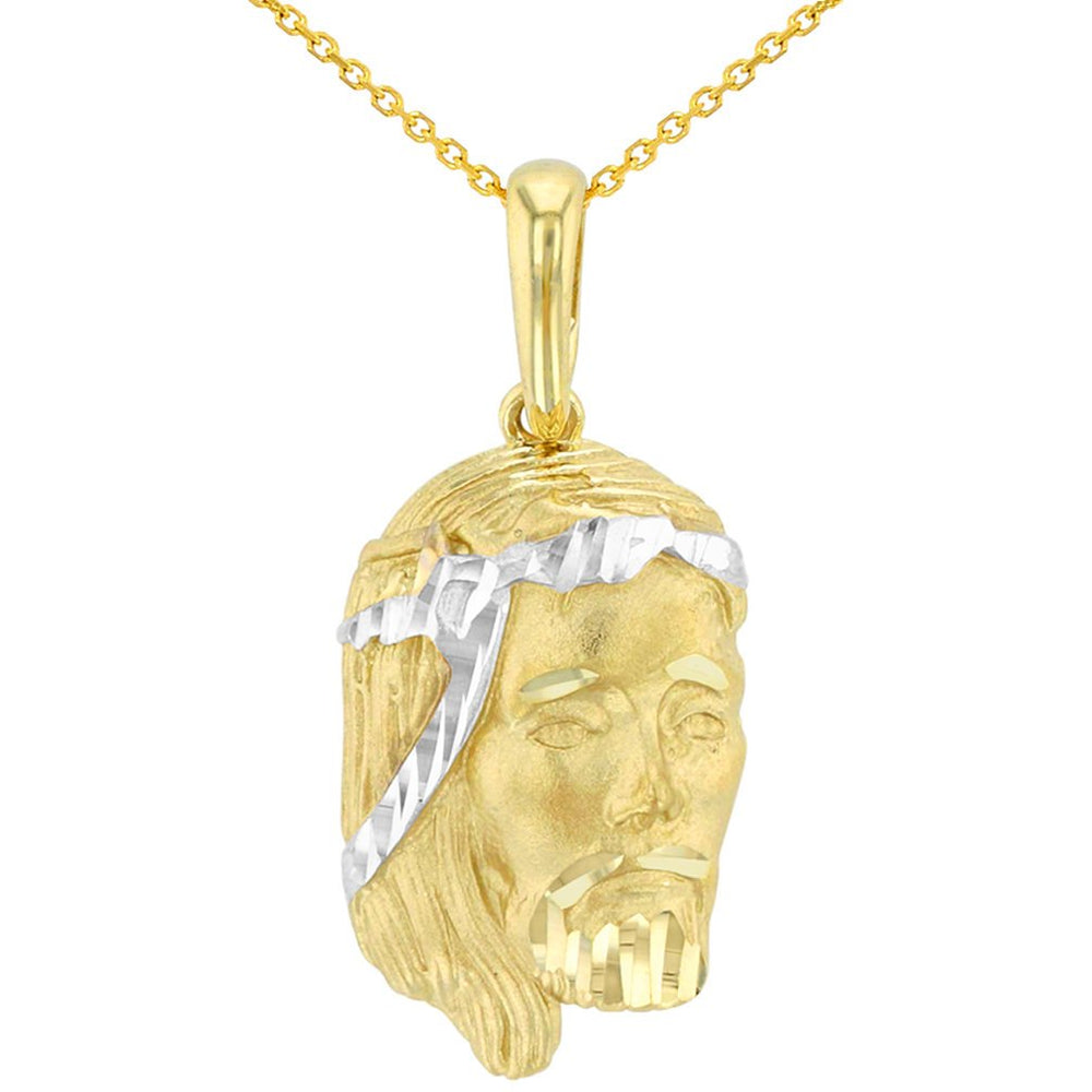 14K Yellow Gold Textured Face of Jesus Christ Pendant With Dainty Gold Chain Necklace