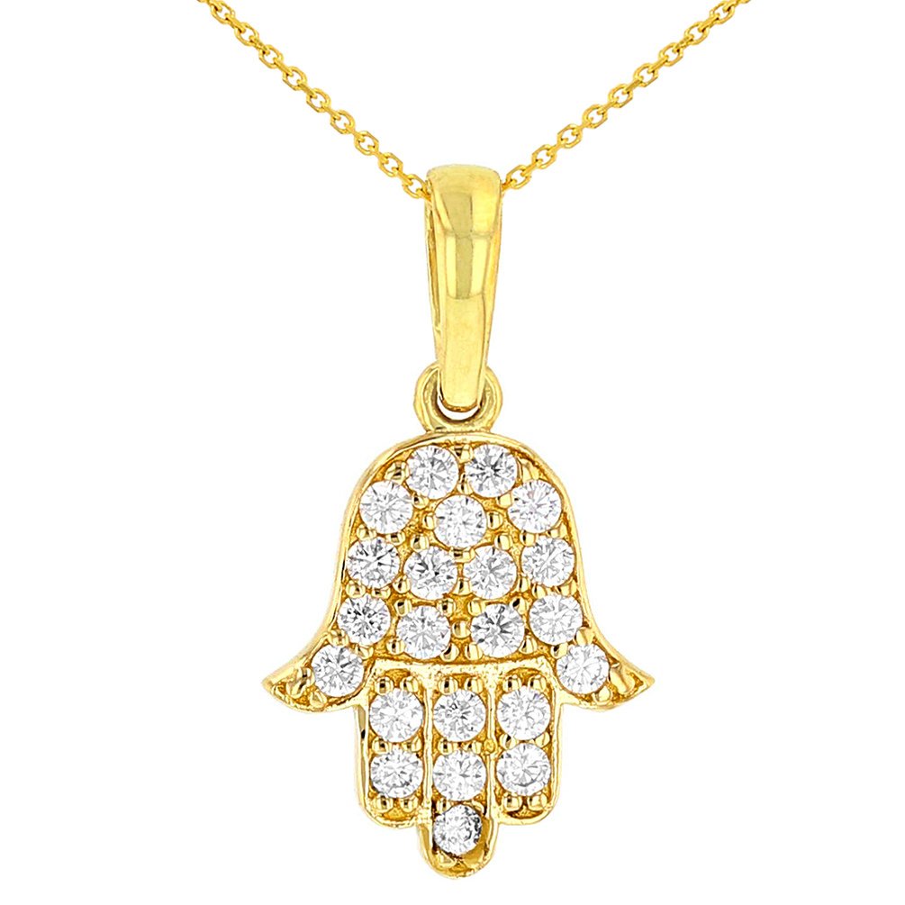 Solid 14K Yellow Gold Cubic Zirconia Hamsa Hand of Fatima Charm Pendant Necklace