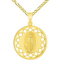 Load image into Gallery viewer, 14k Yellow Gold Round Open Ornate Miraculous Medal of Our Lady of Guadalupe Pendant with Figaro Chain Necklace
