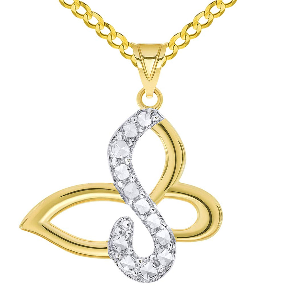 14k Yellow Gold High Polished and Sparkle Cut Two-Tone Infinity Butterfly Pendant Curb Chain Necklace