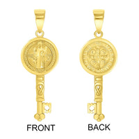 Load image into Gallery viewer, Solid 14k Yellow Gold Reversible Saint Benedict Key Charm Pendant with Figaro Chain Necklace

