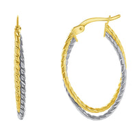 Load image into Gallery viewer, 14k Two-Tone Gold Twist Rope-Style Oval Double Hoop Earrings with Hinged Snap Back
