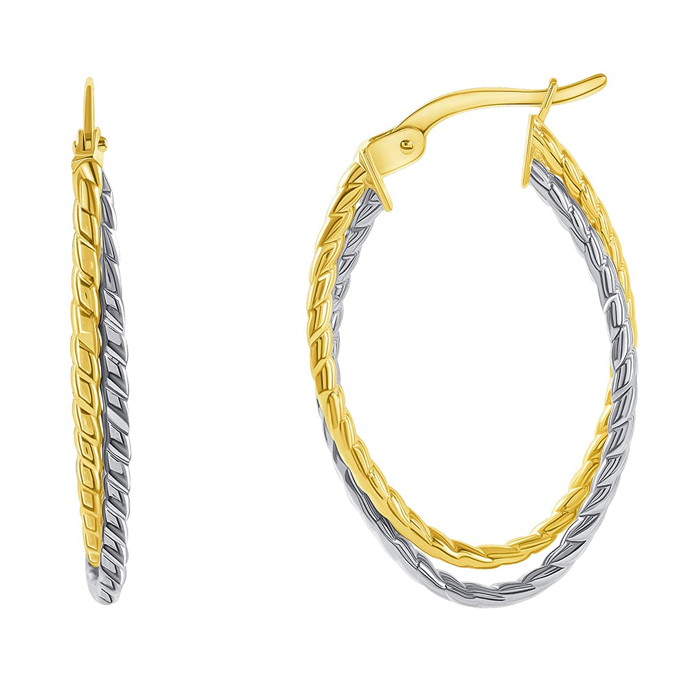 14k Two-Tone Gold Twist Rope-Style Oval Double Hoop Earrings with Hinged Snap Back