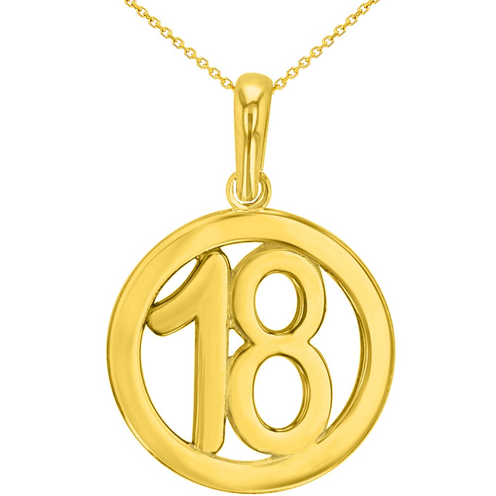 Solid 14K Yellow Gold Round Number Eighteen Charm Pendant Necklace
