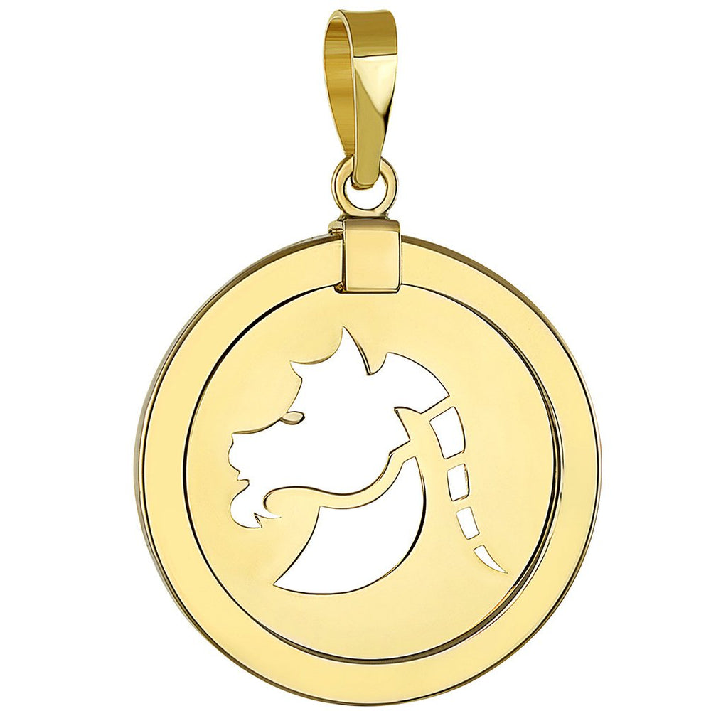 14K Gold Reversible Round Capricorn Goat Zodiac Sign Pendant - Yellow Gold