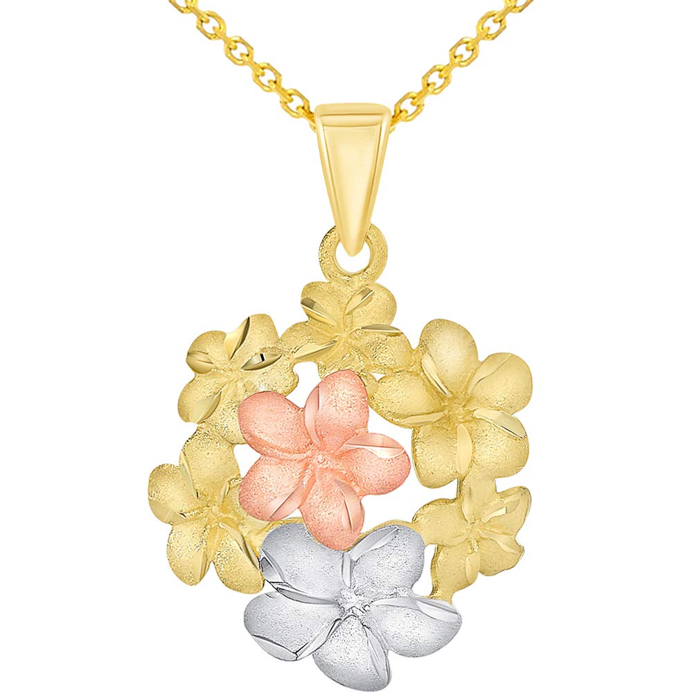 14k Yellow and Rose Gold Bouquet of Tri-Tone Hawaiian Plumeria Flower Pendant Necklace