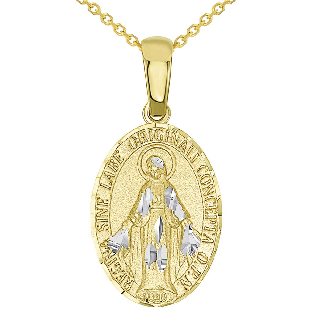 14k Yellow Gold Traditional Virgin Mary Miraculous Small Catholic Medal Pendant with Rolo Chain Necklace