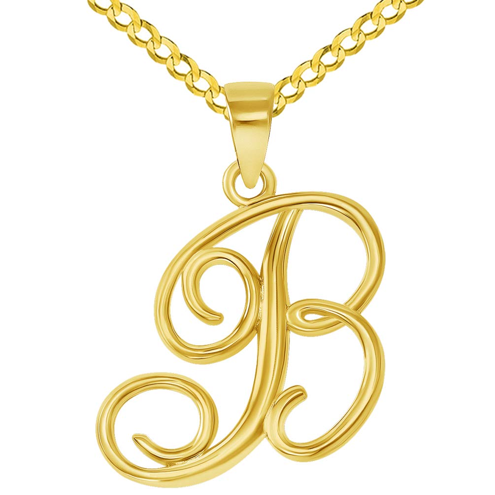 14k Yellow Gold Elegant Script Letter B Cursive Initial Pendant with Curb Chain Necklace
