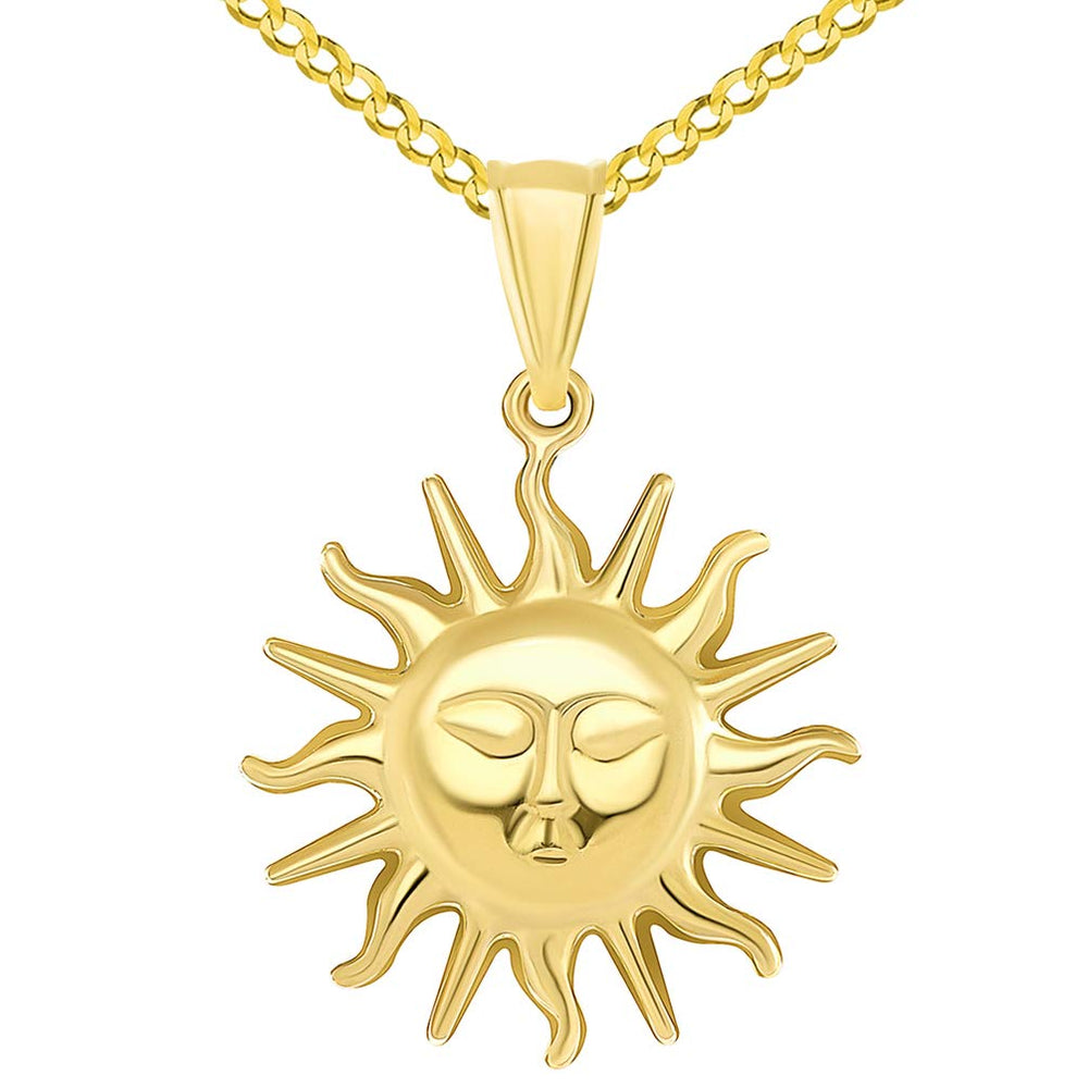 High Polish 14k Yellow Gold 2D Sixteen Rays Sun Face Pendant with Curb Chain Necklace