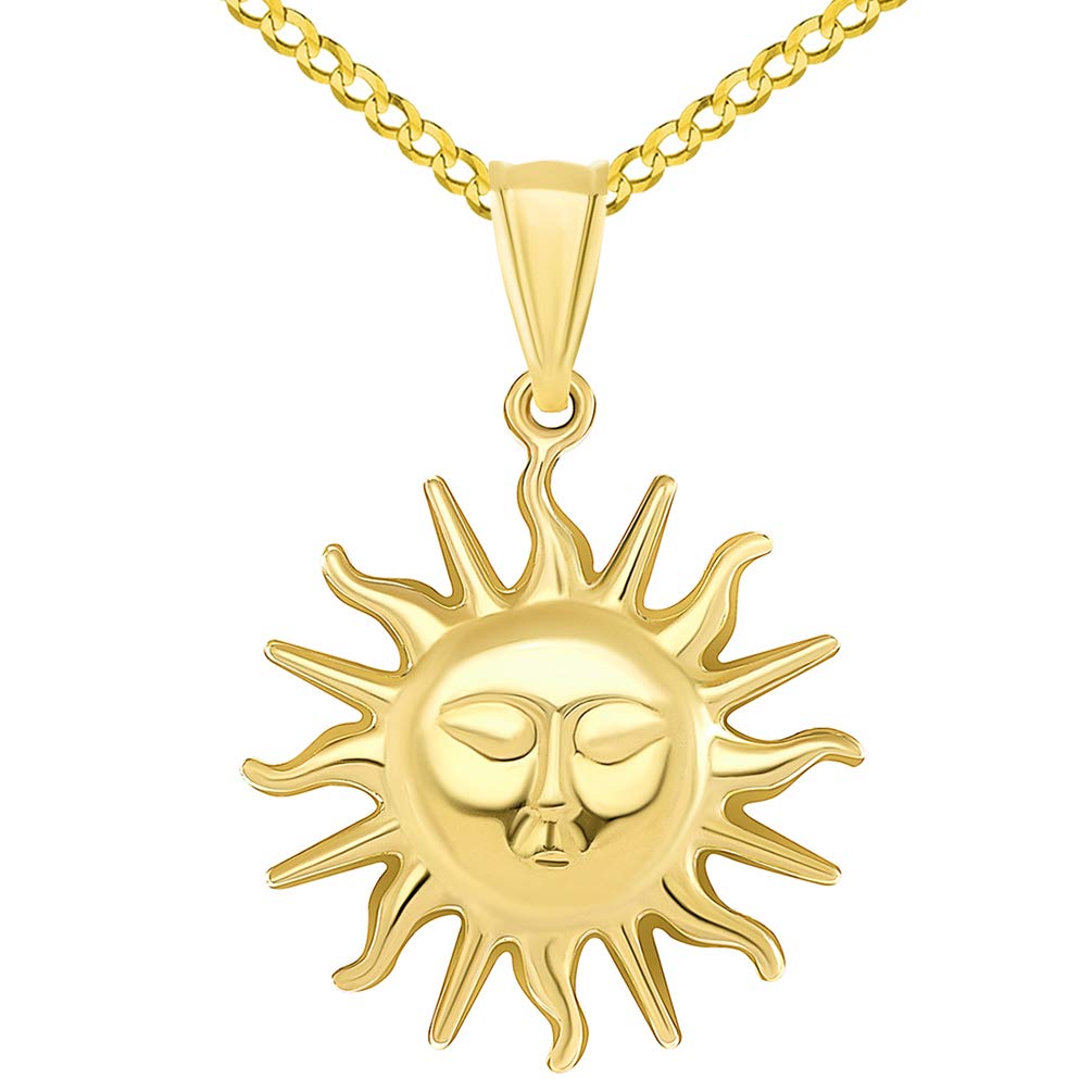 High Polish 14k Yellow Gold 2D Sixteen Rays Sun Face Pendant with Curb Chain Necklace