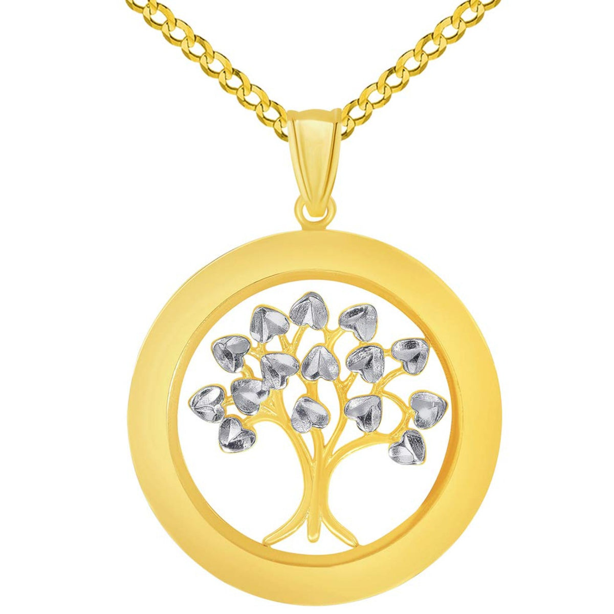 14k Yellow Gold Round Two Tone Tree of Life Medal Pendant with Cuban Curb Chain Necklace
