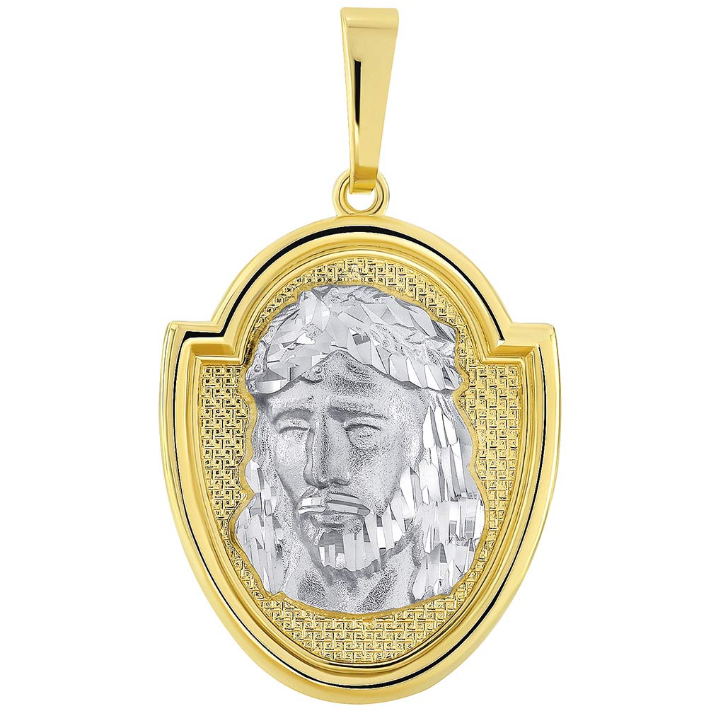 14k Two-Tone Gold Jesus Christ Medallion Scripted God Bless Us Pendant
