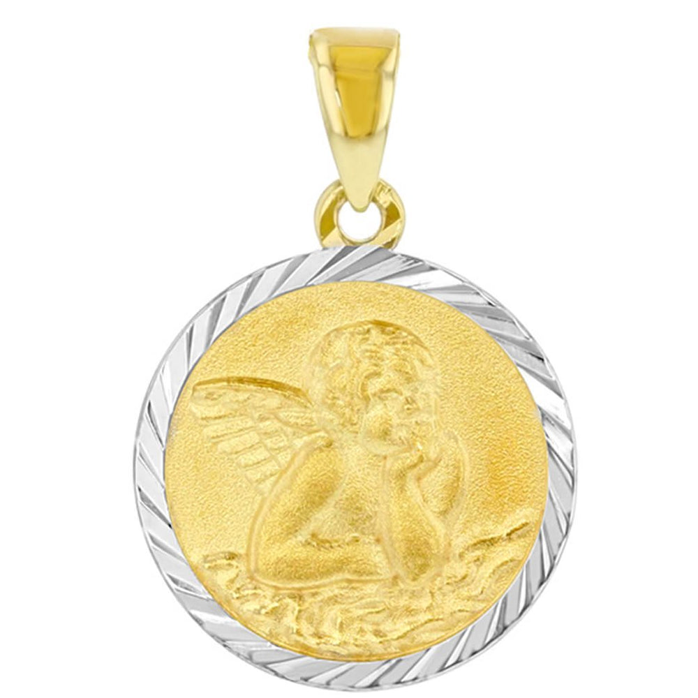 Solid 14k Yellow Gold Round Guardian Angel Medallion Charm Pendant