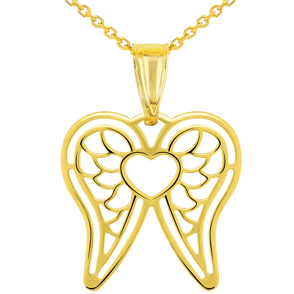 14k Yellow Gold Open Heart with Angel Wings Pendant with Rolo Cable Chain Necklace