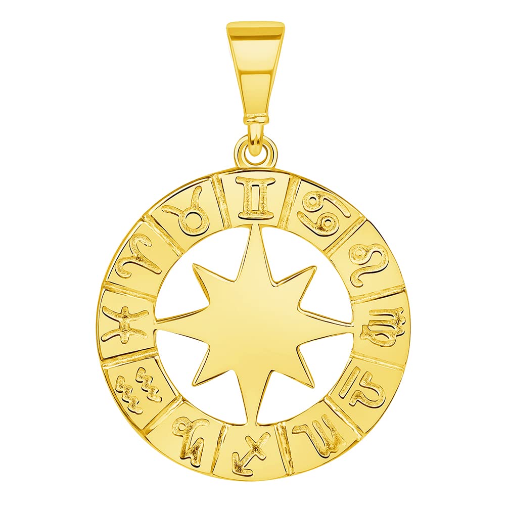 14k Yellow Gold Round Zodiac Star Compass Calendar Pendant