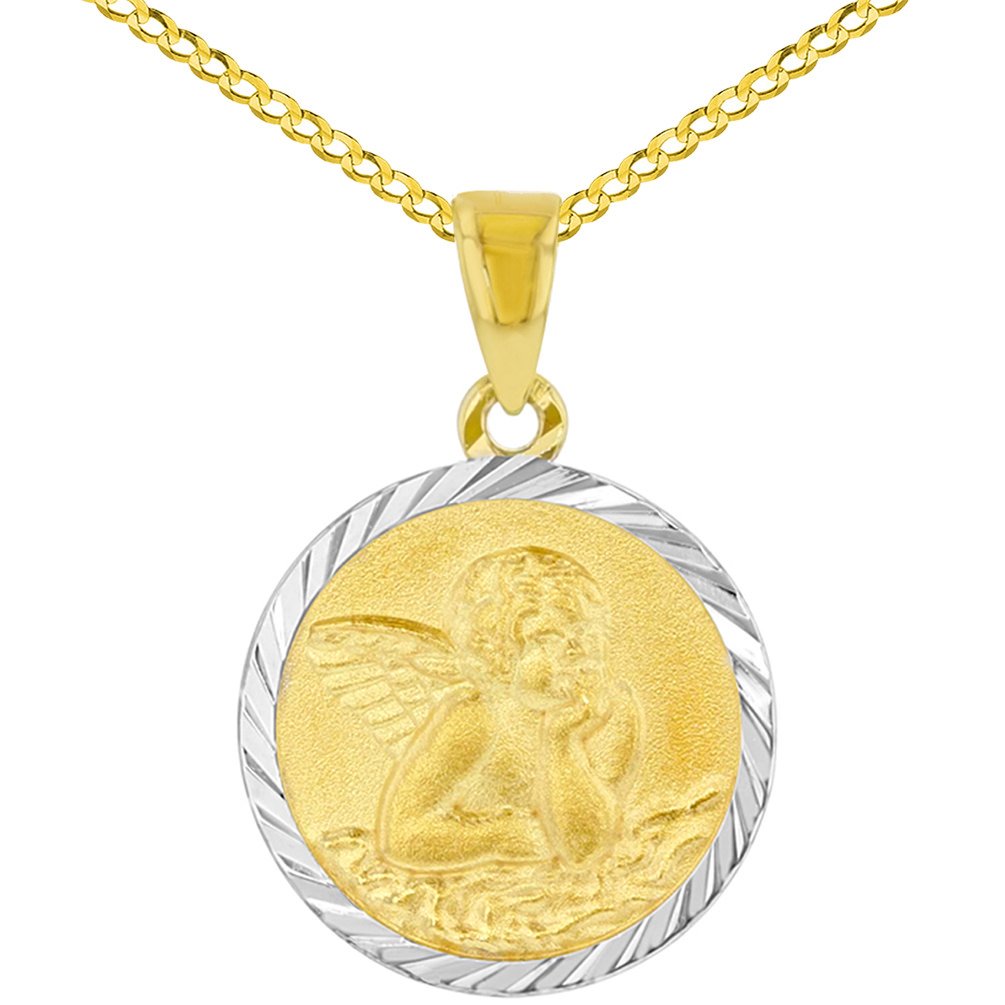 14k Yellow Gold Round Baptism Charm Guardian Angel Textured Medallion Pendant Cuban Chain Necklace