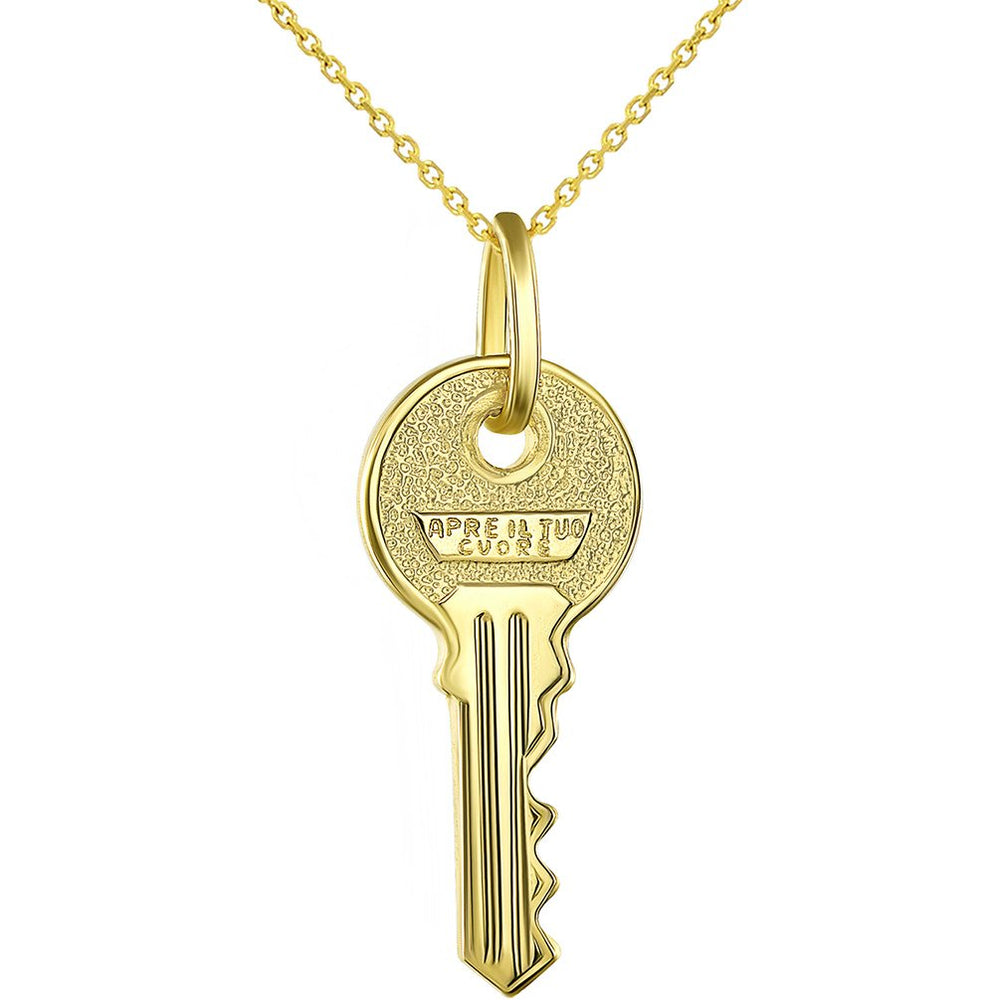 Solid 14K Yellow Gold Key with Apre il Tuo Cuore Charm Open Your Heart Pendant Necklace
