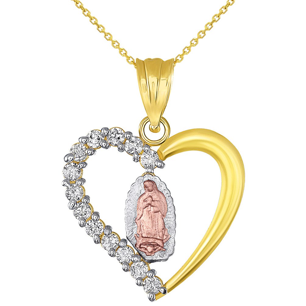 14K Yellow Gold and Rose Gold Open Heart Praying Guadalupe Pendant Necklace with Cubic Zirconia Gemstones