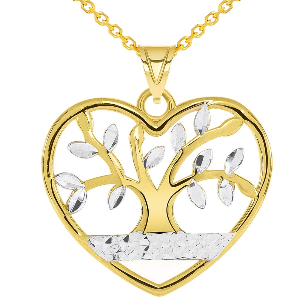 Textured Heart Shaped Two Tone Tree of Life Pendant Necklace