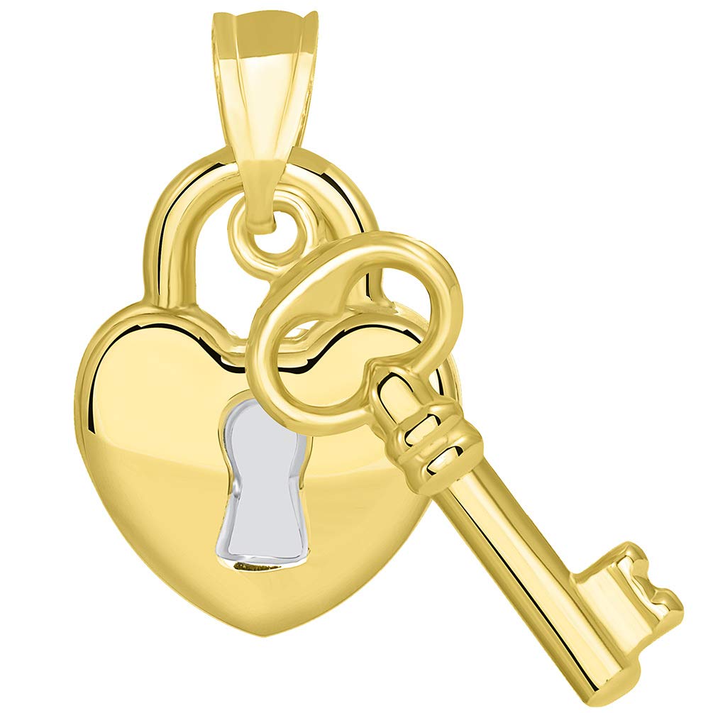 14k Yellow Gold Polished Two Tone Heart Shaped Lock and Love Key Pendant