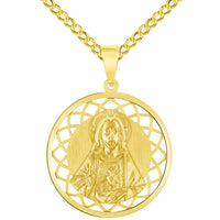 Load image into Gallery viewer, 14k Yellow Gold Sacred Heart of Jesus Christ On Round Open Ornate Miraculous Medal Pendant Cuban Chain Curb Necklace
