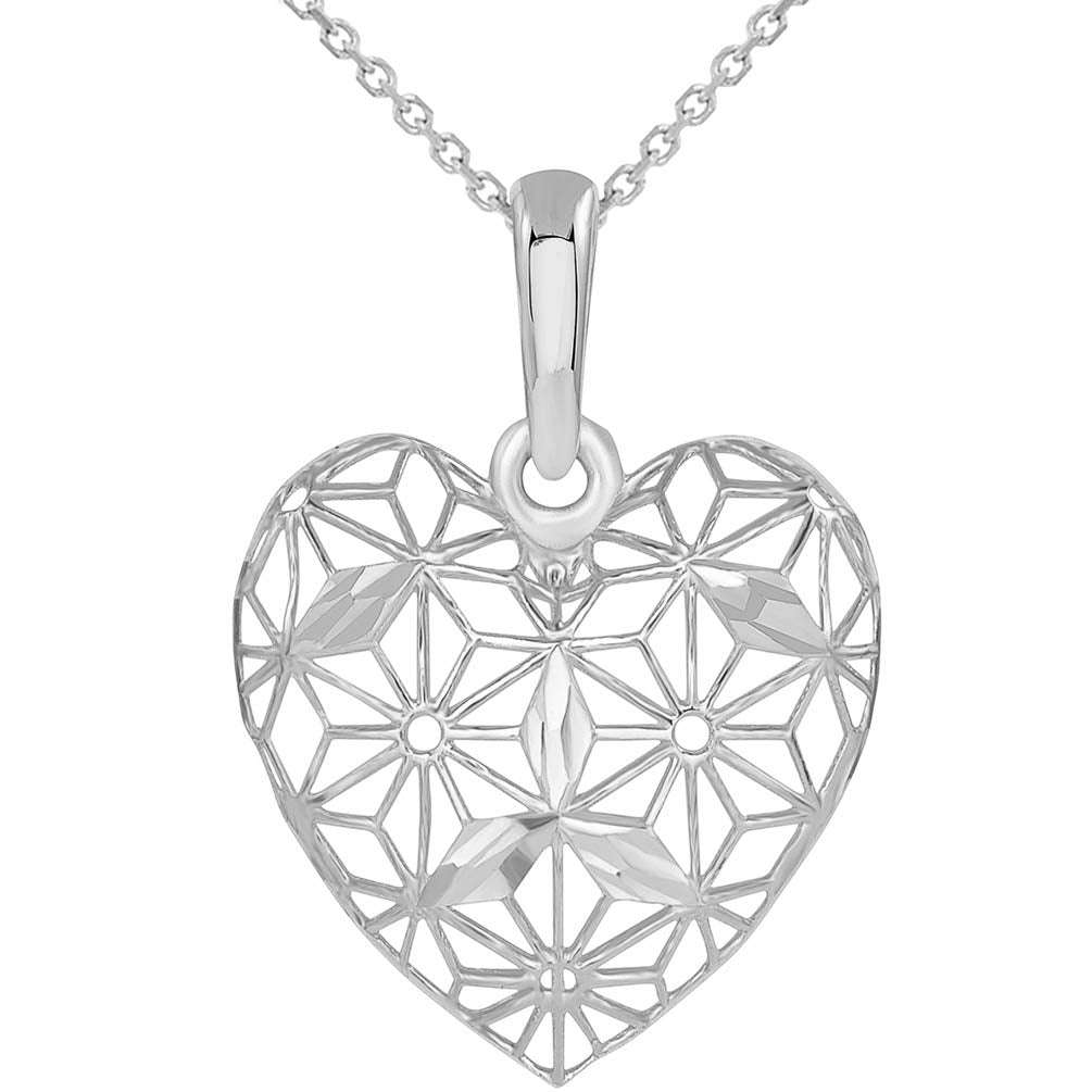 14k White Gold Textured 3D Filigree Heart Charm Pendant Necklace