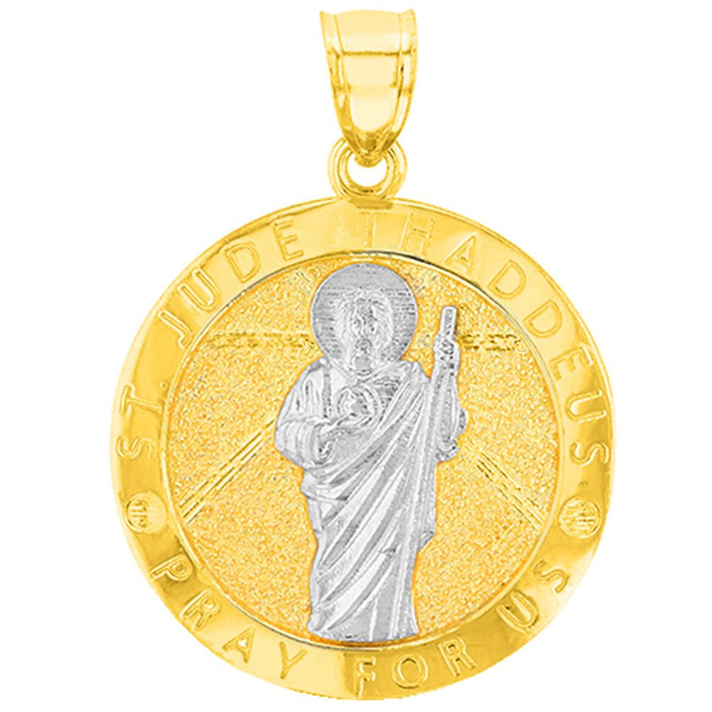 Solid 14K Yellow Gold Round St. Jude Thaddeus Medallion Pray For Us Pendant