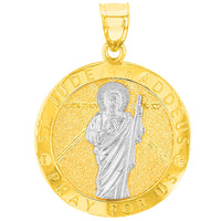 Load image into Gallery viewer, Solid 14K Yellow Gold Round St. Jude Thaddeus Medallion Pray For Us Pendant with Cuban Chain Necklace
