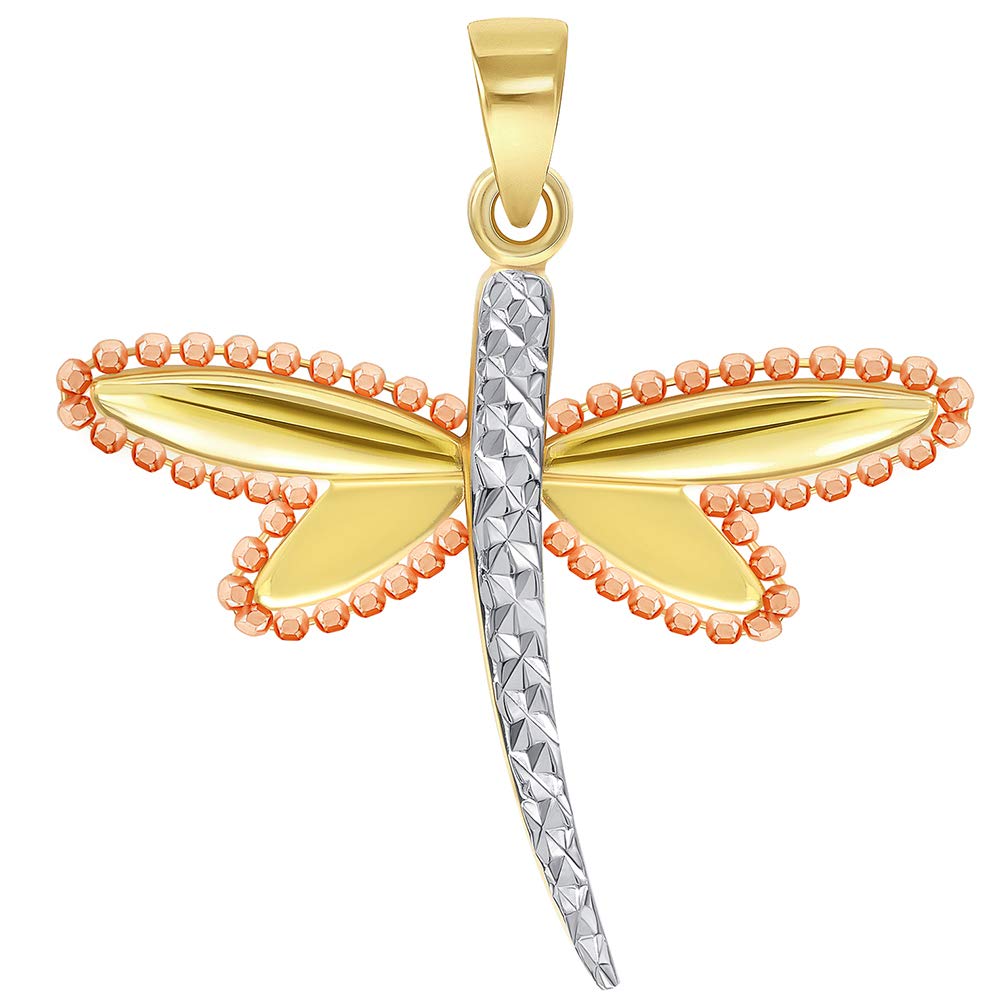 14k Yellow Gold and Rose Gold Beaded Dragonfly Tri-Tone Pendant