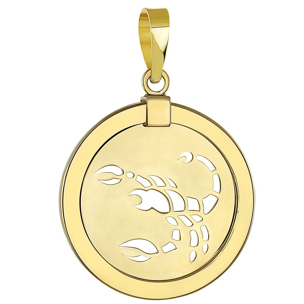 14K Gold Reversible Round Scorpion Scorpio Zodiac Sign Pendant - Yellow Gold