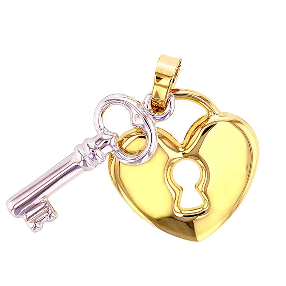 14k Two-Tone Gold Heart with Lock and Key Charm Pendant